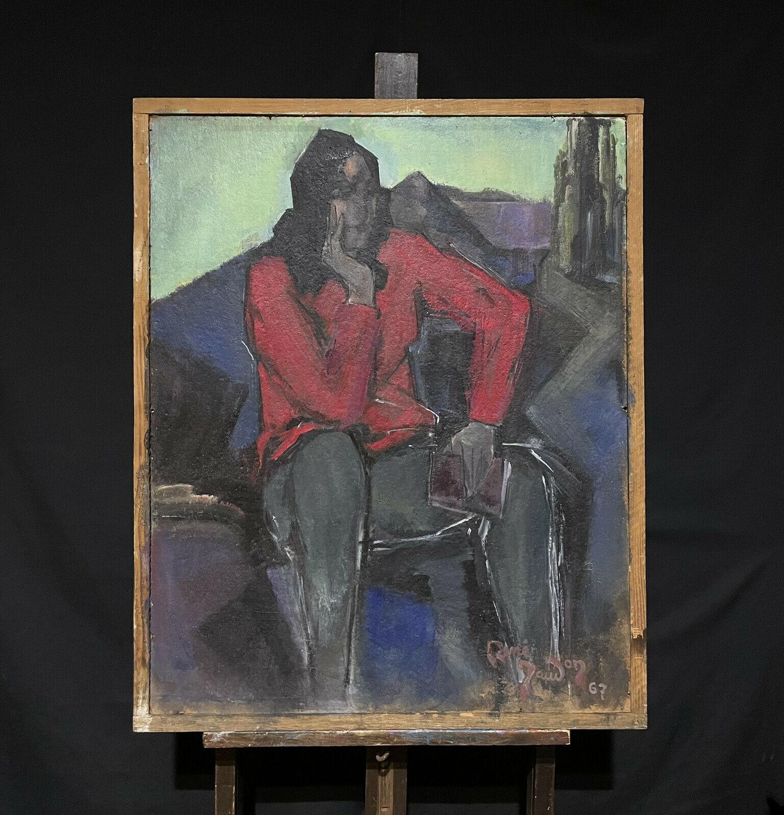 1960's French Modernist Signed Oil Painting - Figure in Red Jacket, large work - Gray Portrait Painting by French School