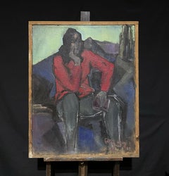 1960's French Modernist Signed Oil Painting - Figure in Red Jacket, large work