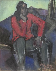 1960's French Modernist Signed Oil Painting - Figure in Red Jacket, large work