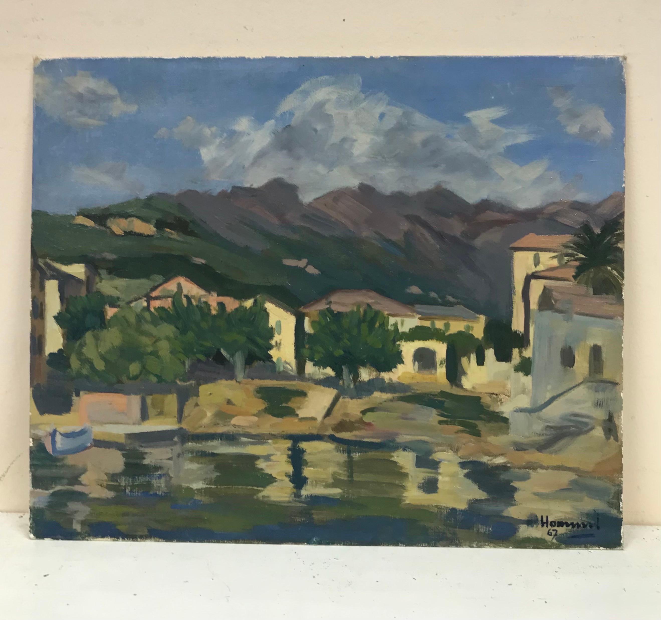 Pittura a olio francese post impressionista del 1960 Sud della Francia Città costiera mare - Painting di French School
