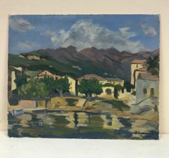 1960's French Post Impressionist Oil Painting South of France Coastal Town Sea