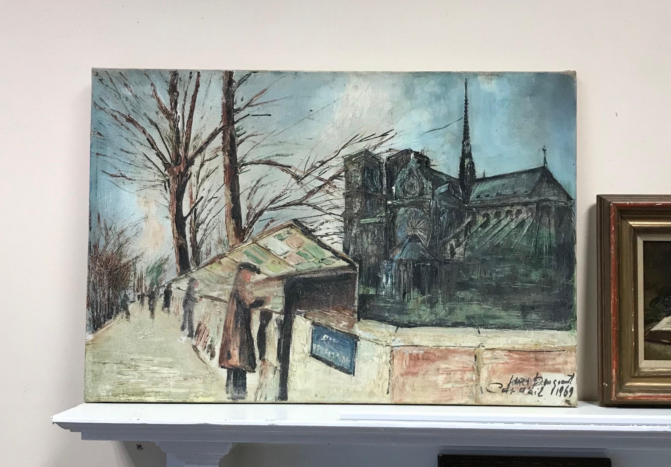 Pittura ad olio francese del 1960 firmata Bouquinistes fiume Senna Notre Dame Parigi - Painting di French School