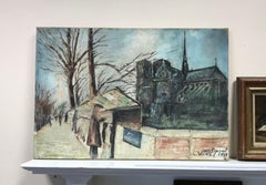 1960's French Signed Oil Painting Bouquinistes River Seine Notre Dame Paris