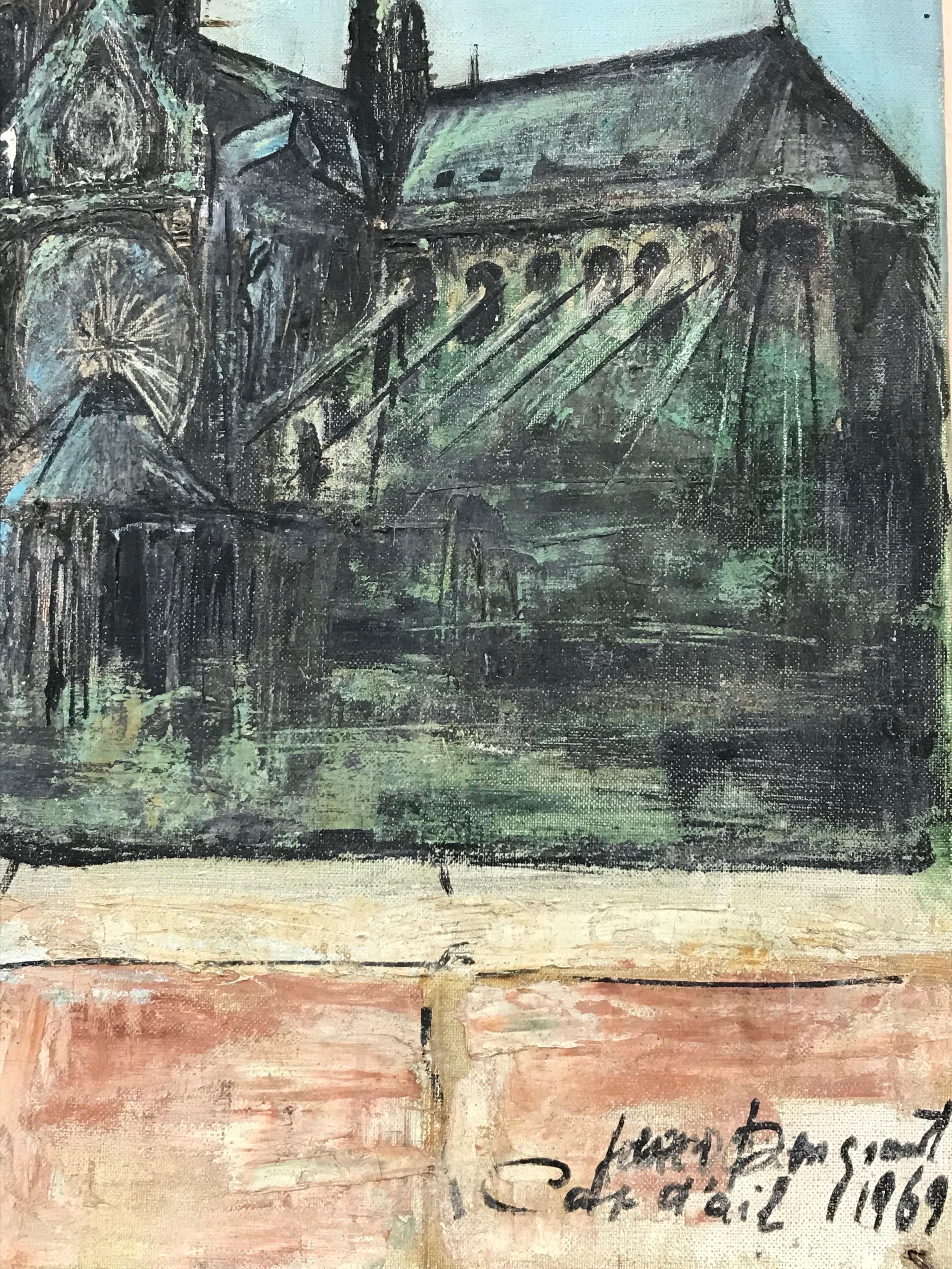 Pittura ad olio francese del 1960 firmata Bouquinistes fiume Senna Notre Dame Parigi - Painting Postimpressionismo di French School