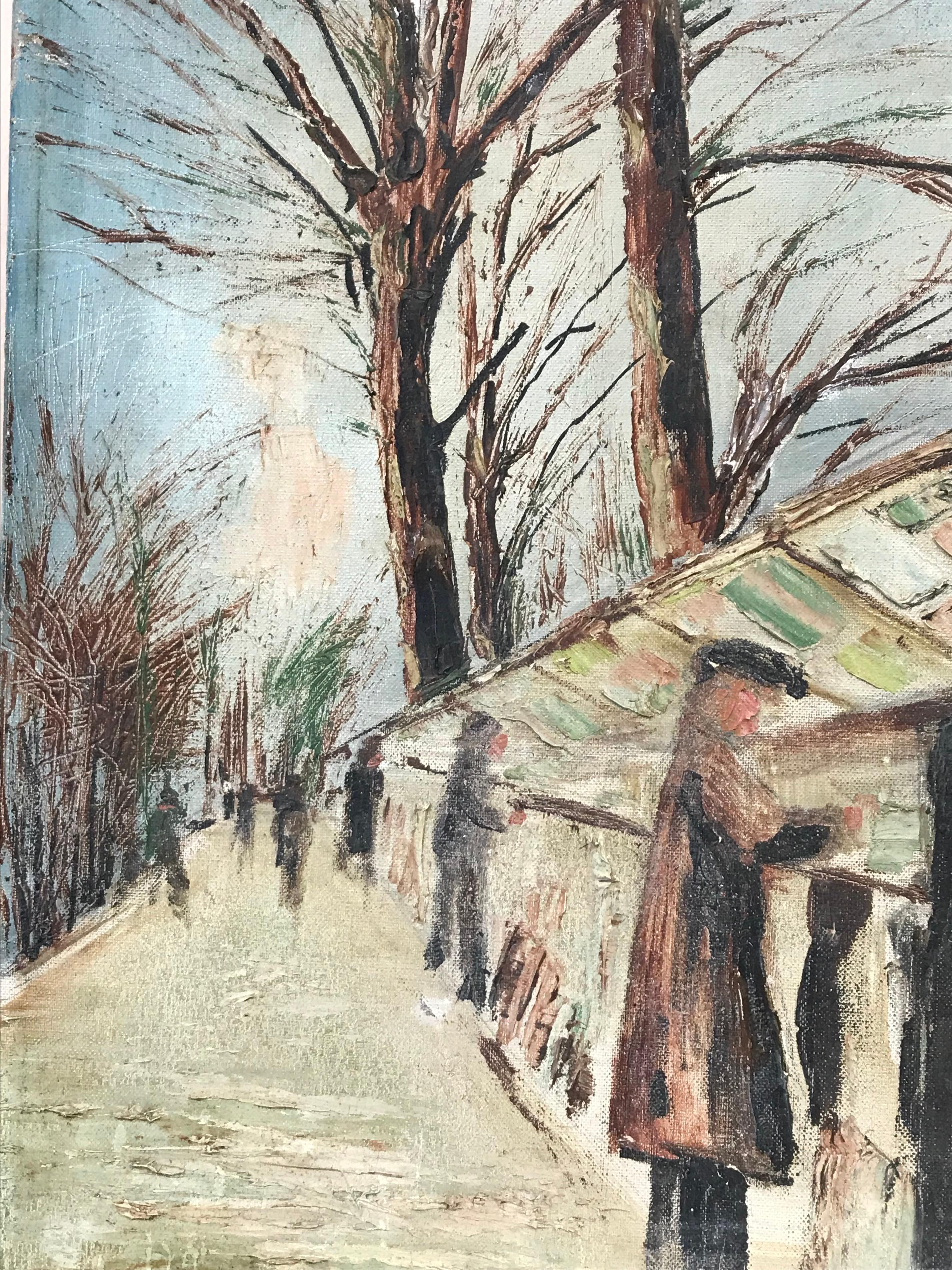 Pittura ad olio francese del 1960 firmata Bouquinistes fiume Senna Notre Dame Parigi - Landscape Painting Grigio di French School