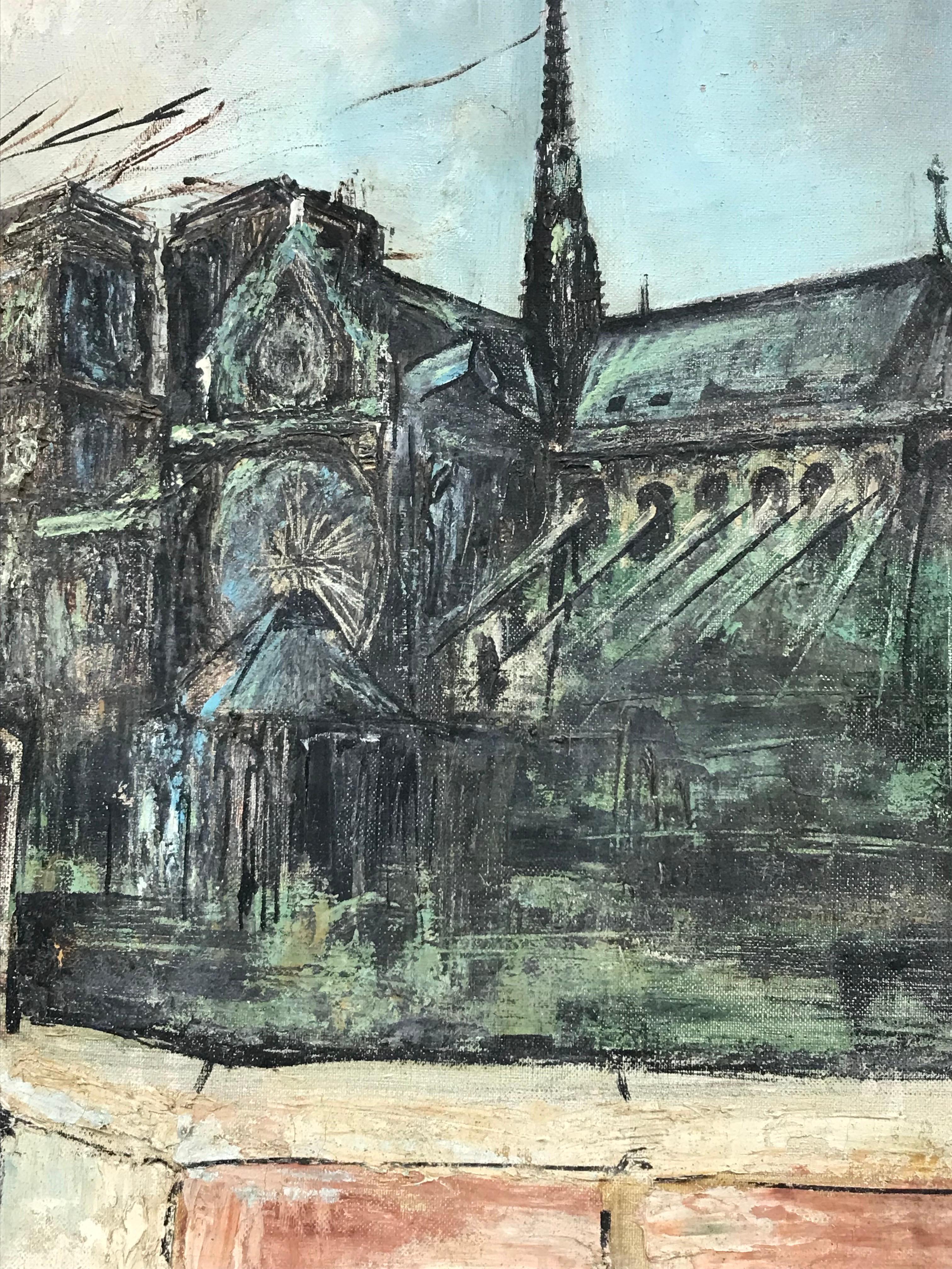 Artista/Scuola: Scuola francese, firmato indistintamente davanti e dietro, datato 1969

Titolo: Bouquinistes lungo le rive della Senna, Parigi con la cattedrale di Notre Dame alle spalle. 

Media:  dipinto a olio su tela, senza cornice e firma -