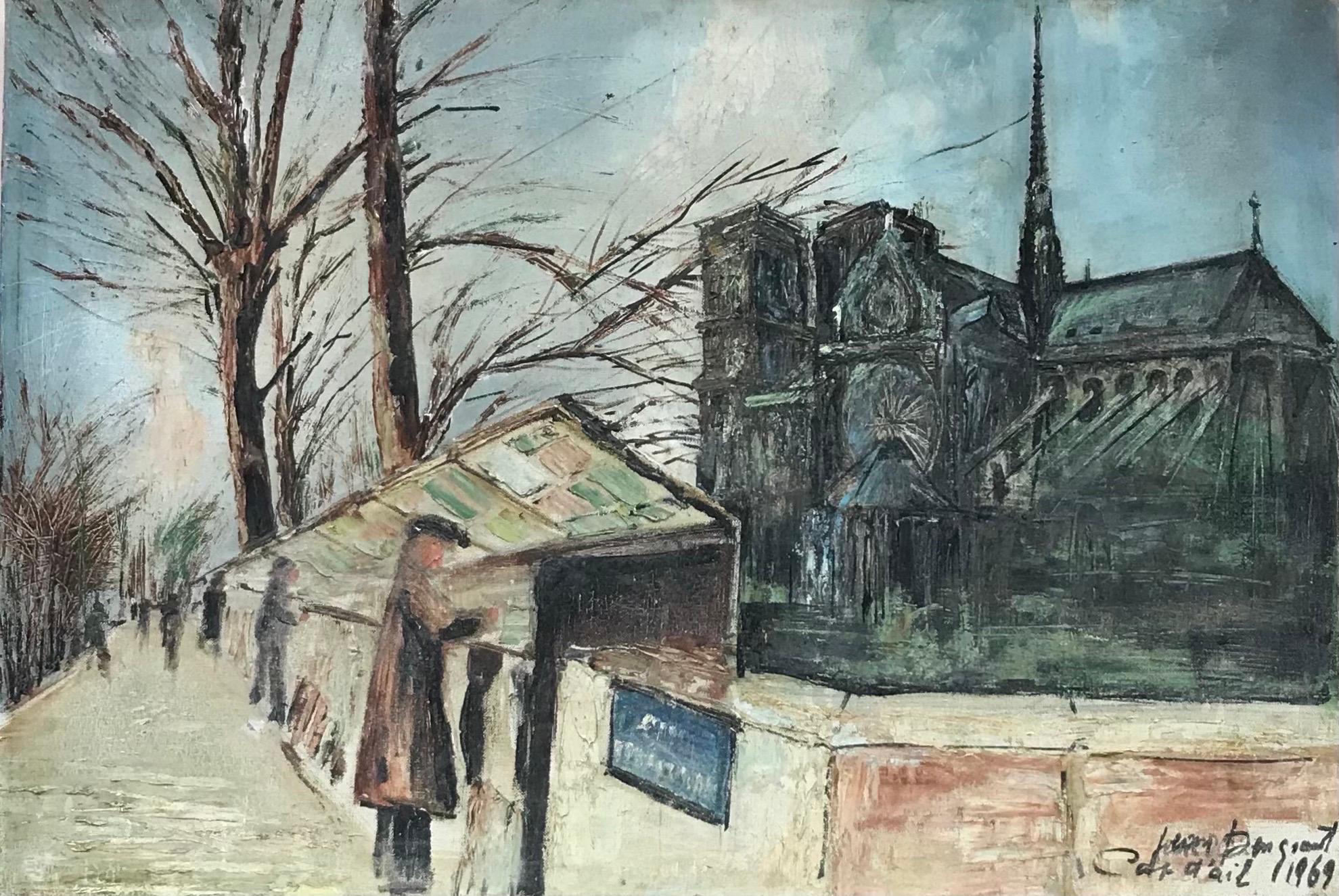 Landscape Painting di French School - Pittura ad olio francese del 1960 firmata Bouquinistes fiume Senna Notre Dame Parigi