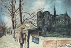 1960's French Signed Oil Painting Bouquinistes River Seine Notre Dame Paris