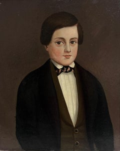 19th Century French Oil Painting Portrait of Young Boy in Smart Clothes
