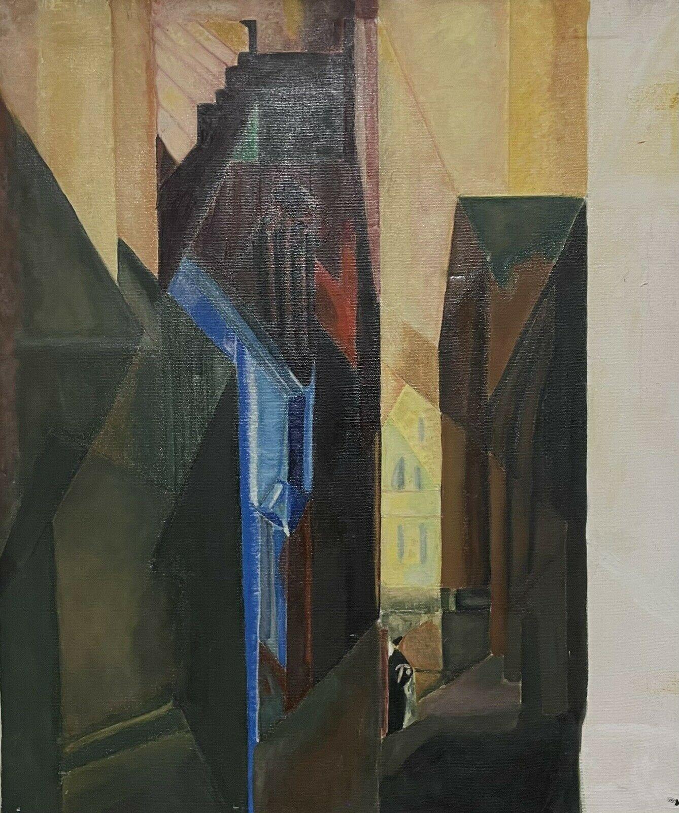 French School Abstract Painting – Französisches kubistisches Ölgemälde des 20. Jahrhunderts, Straßenansicht in der Nacht