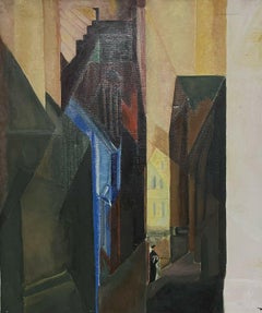Peinture à l'huile cubiste française du 20e siècle représentant une vue de rue au soir