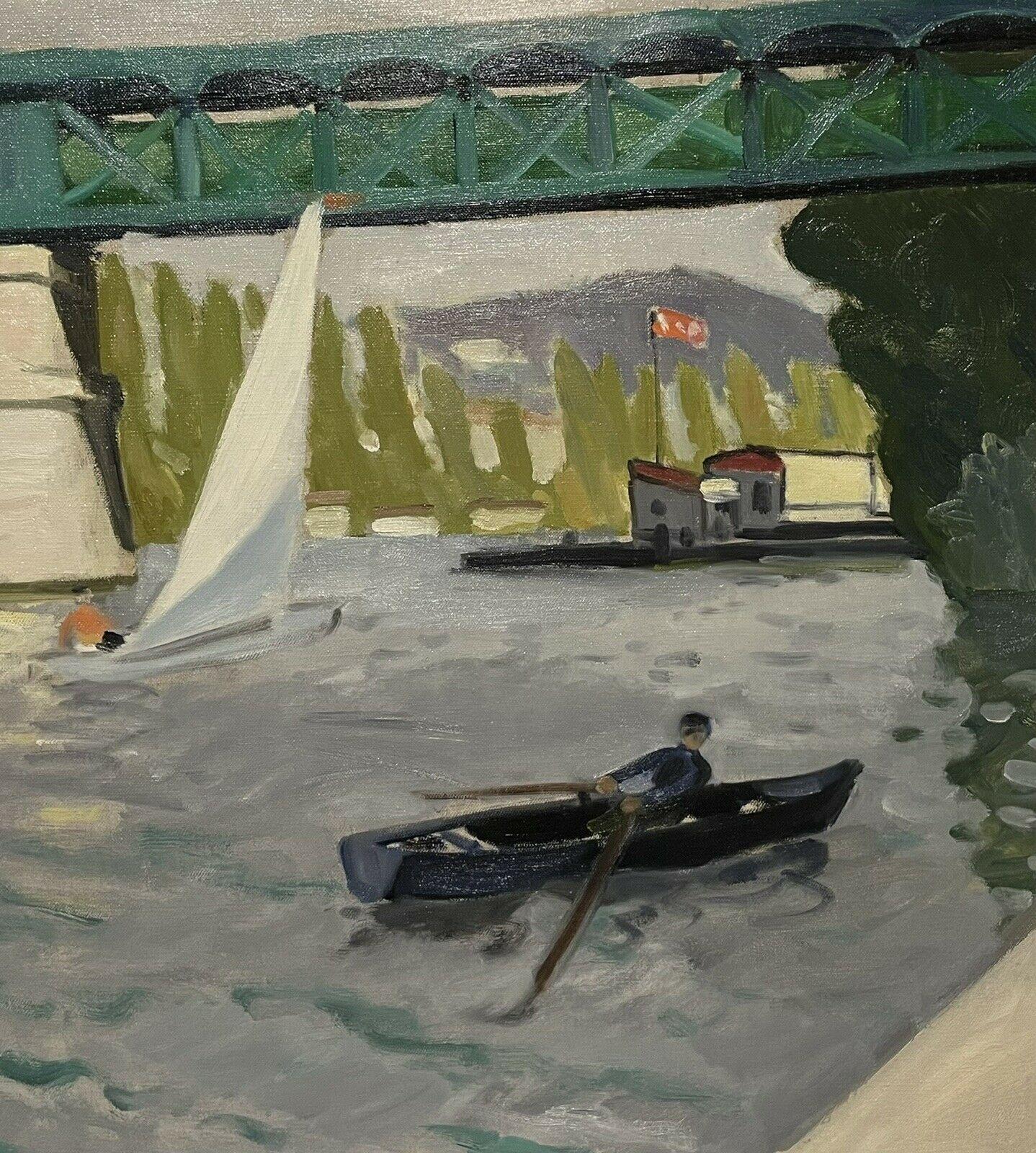 Óleo modernista francés del siglo XX Figura en barca de remos en el río - Painting de French School