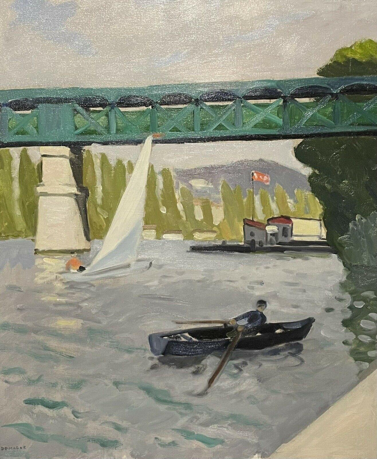 French School Figurative Painting - 20th Century French Modernist Oil Figure in Rowing Boat on River