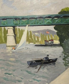 20th Century French Modernist Oil Figure in Rowing Boat on River