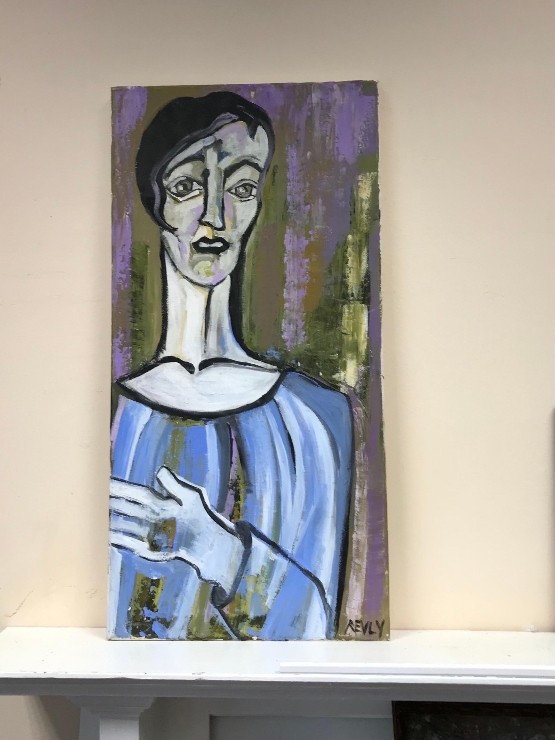 Pintura al óleo abstracta francesa contemporánea - Retrato de una figura en azul, firmado - Painting de French School