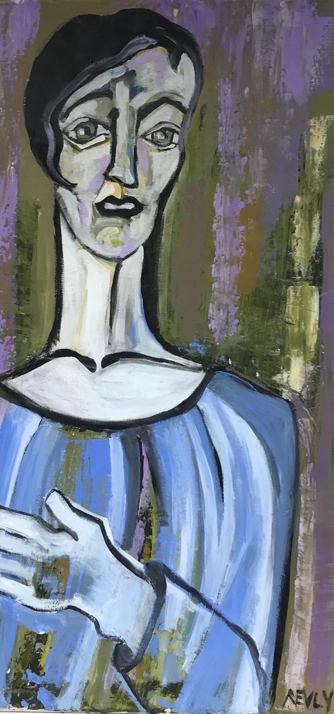 Abstract Contemporary French Oil Painting - Portrait of a Figure in Blue, signed