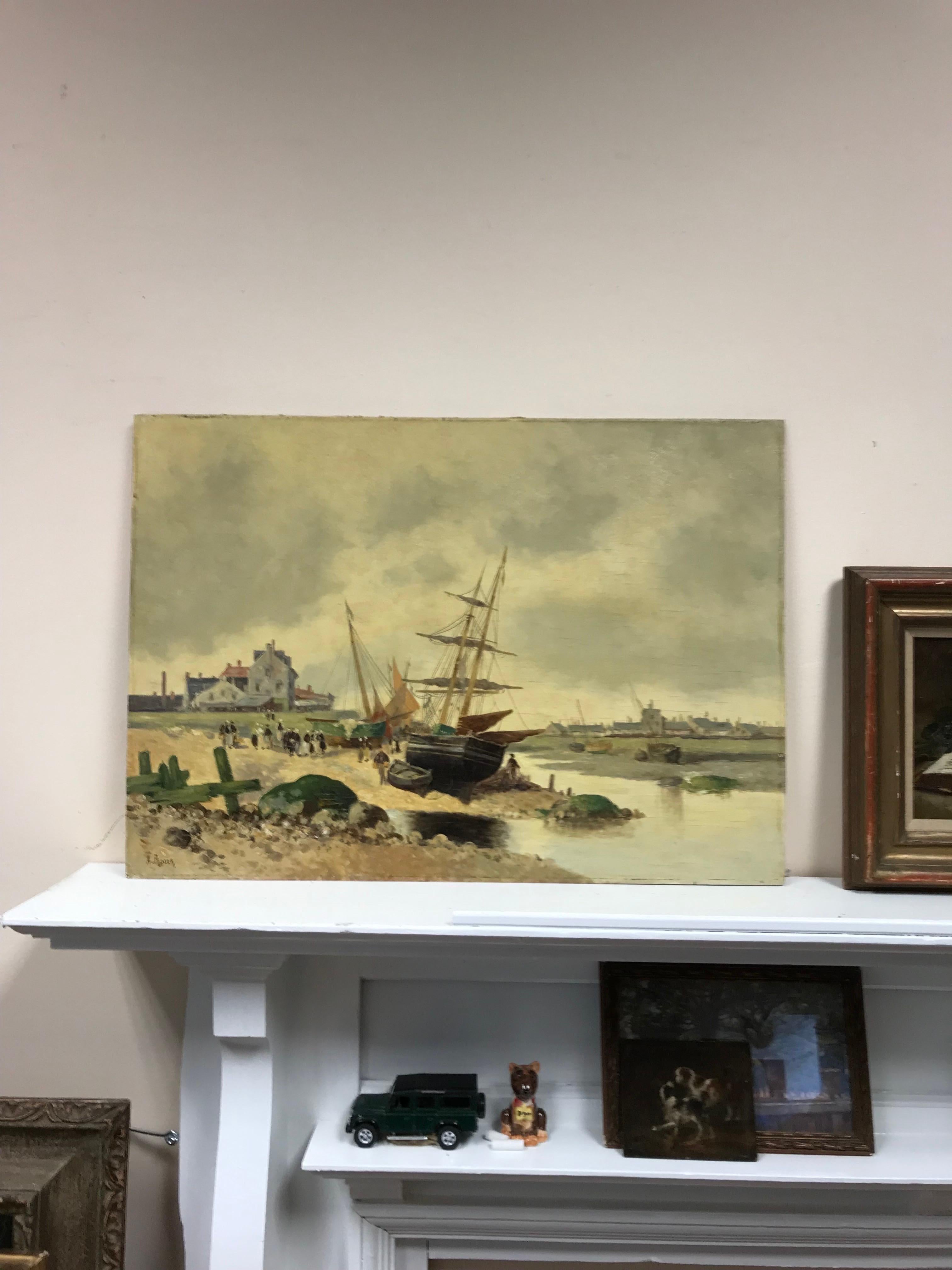 Antique French Marine Oil Fishing Boats Bringing in the Catch Old Harbour - Painting by French School