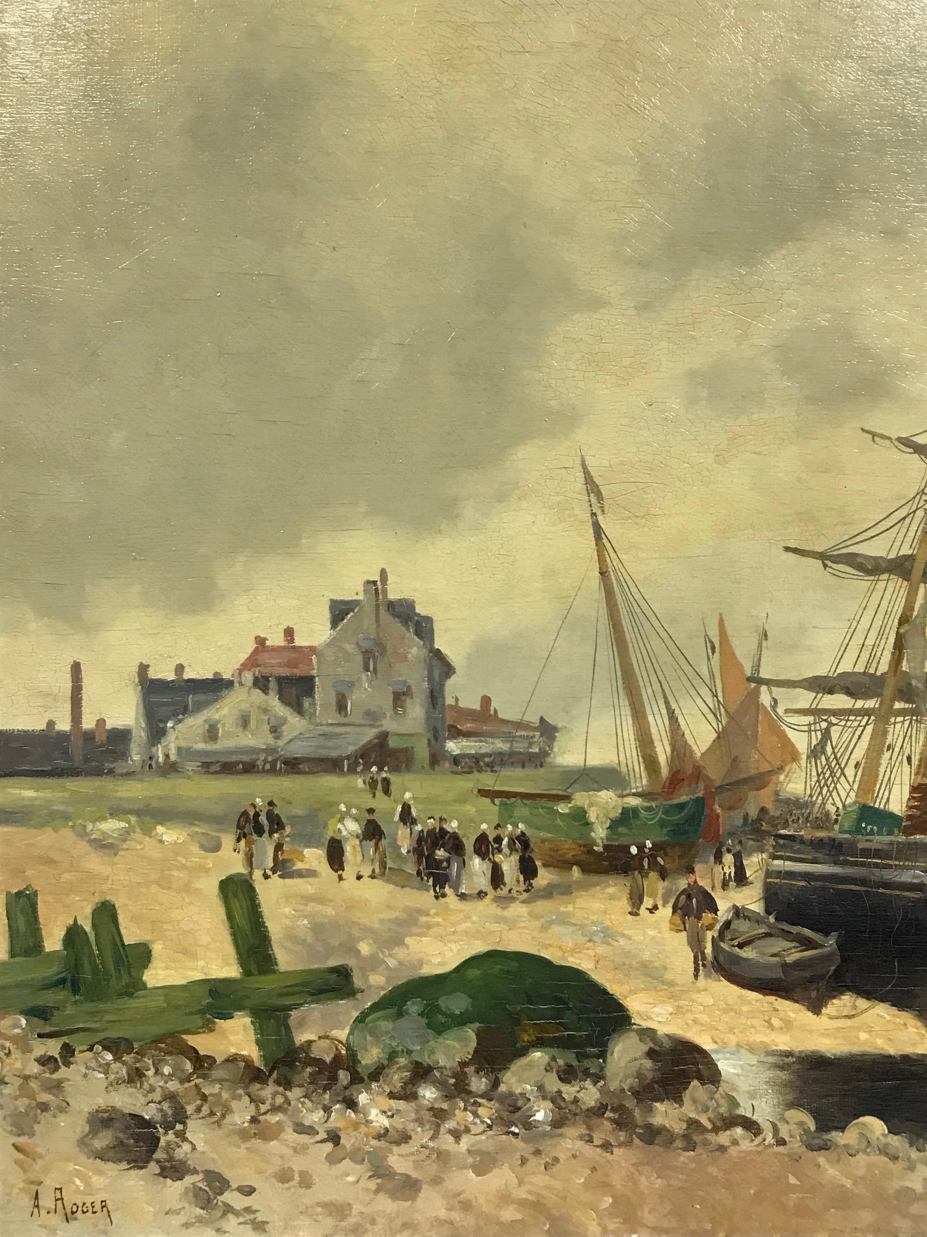 Antique French Marine Oil Fishing Boats Bringing in the Catch Old Harbour - Victorian Painting by French School