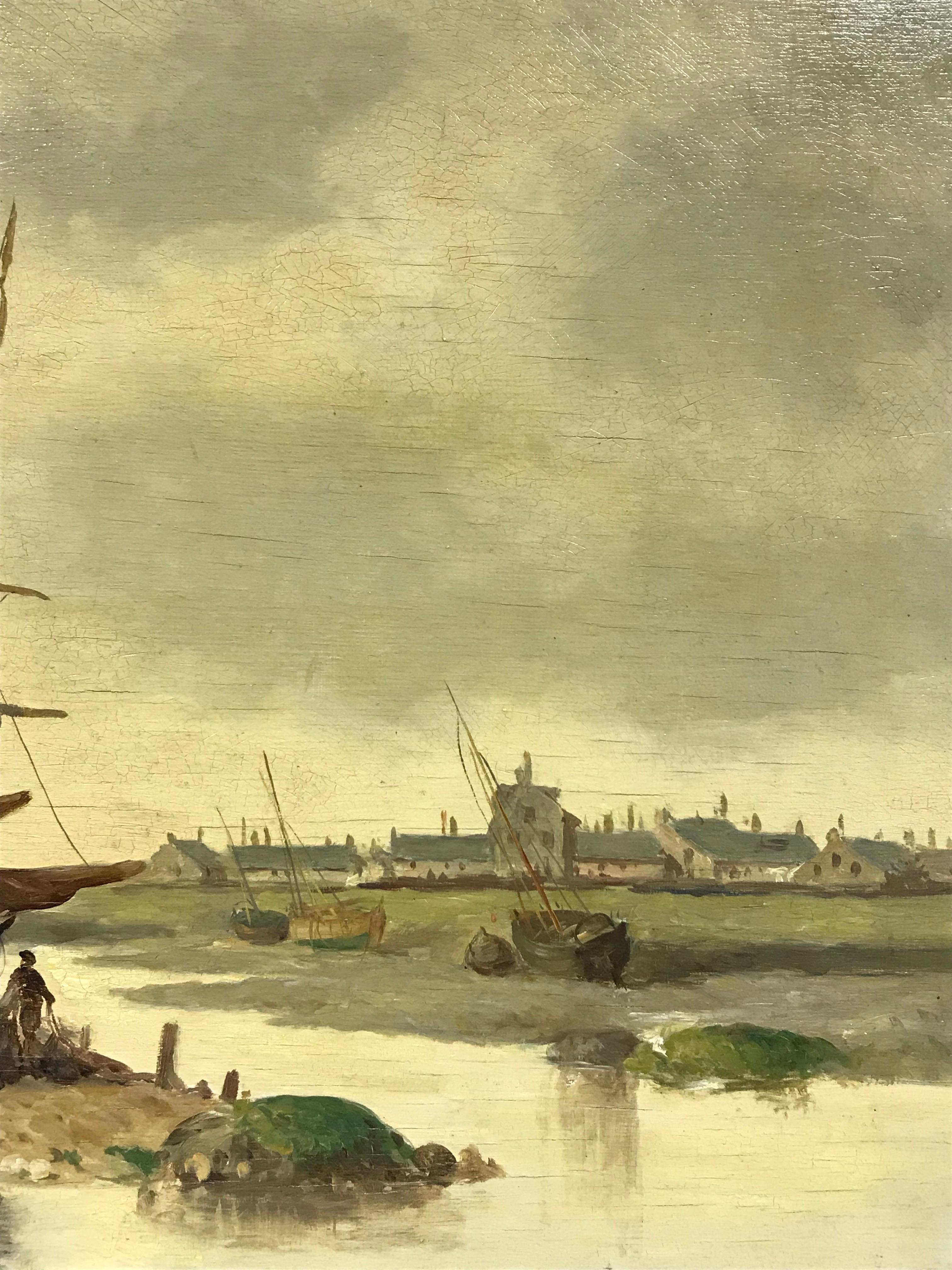 Antique French Marine Oil Fishing Boats Bringing in the Catch Old Harbour - Brown Landscape Painting by French School