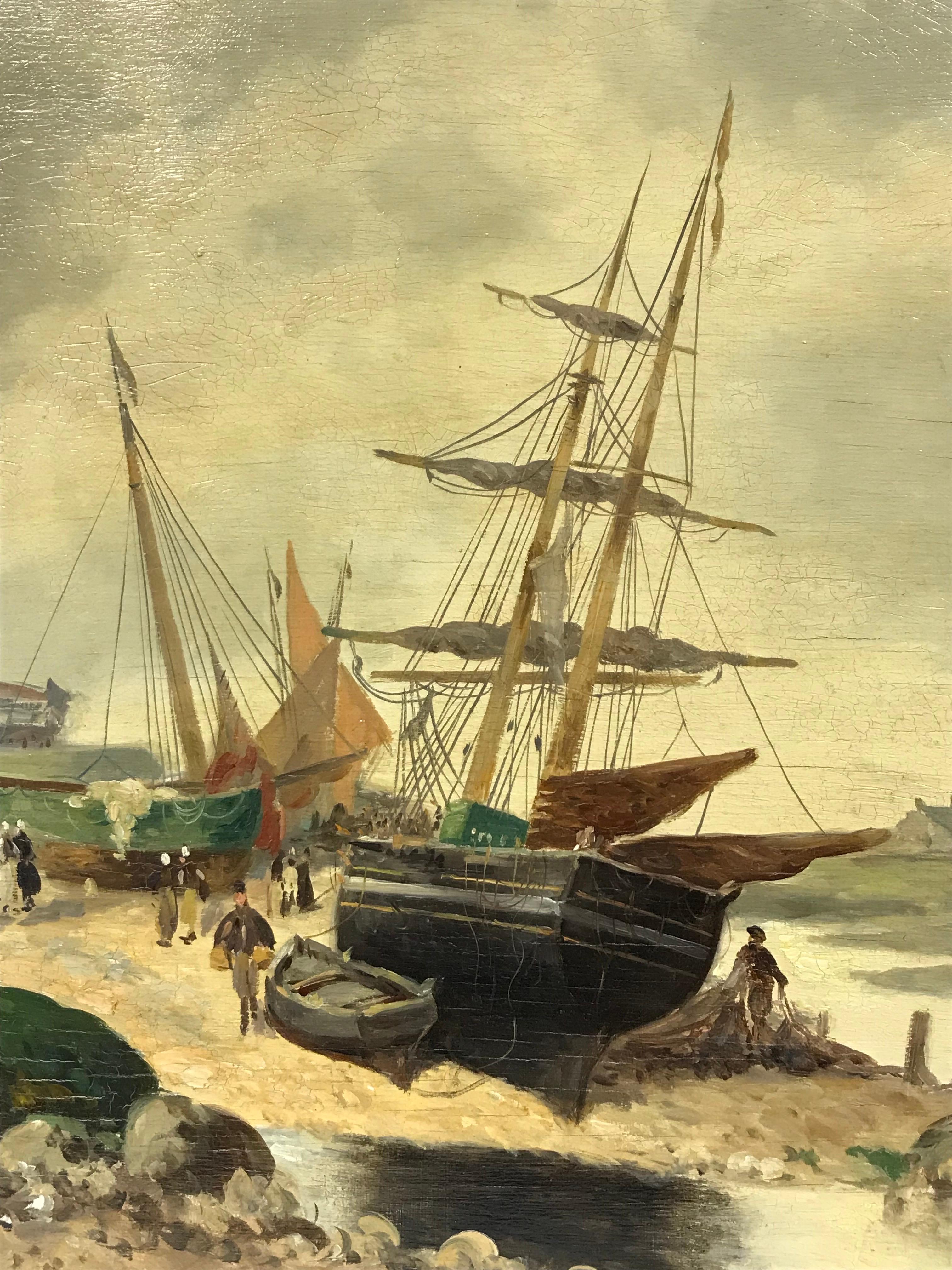 Artist/ School: French School, early 20th century, signed

Title: French harbour scene, with many figures around the fishing boats bringing in the catch. 

Medium: oil painting on board, unframed, signed

Size:

board : 18 x 25.5 inches

Provenance: