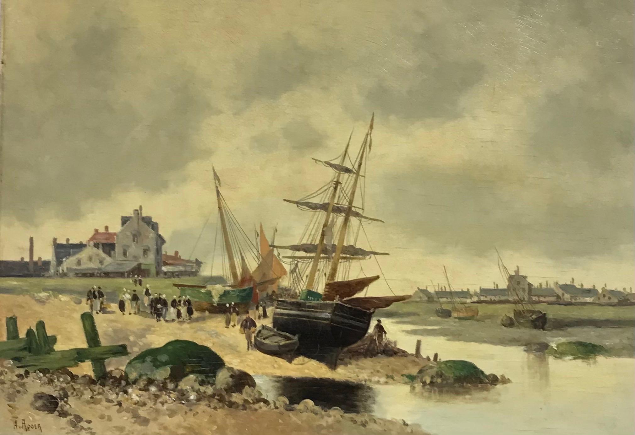 French School Landscape Painting - Antique French Marine Oil Fishing Boats Bringing in the Catch Old Harbour
