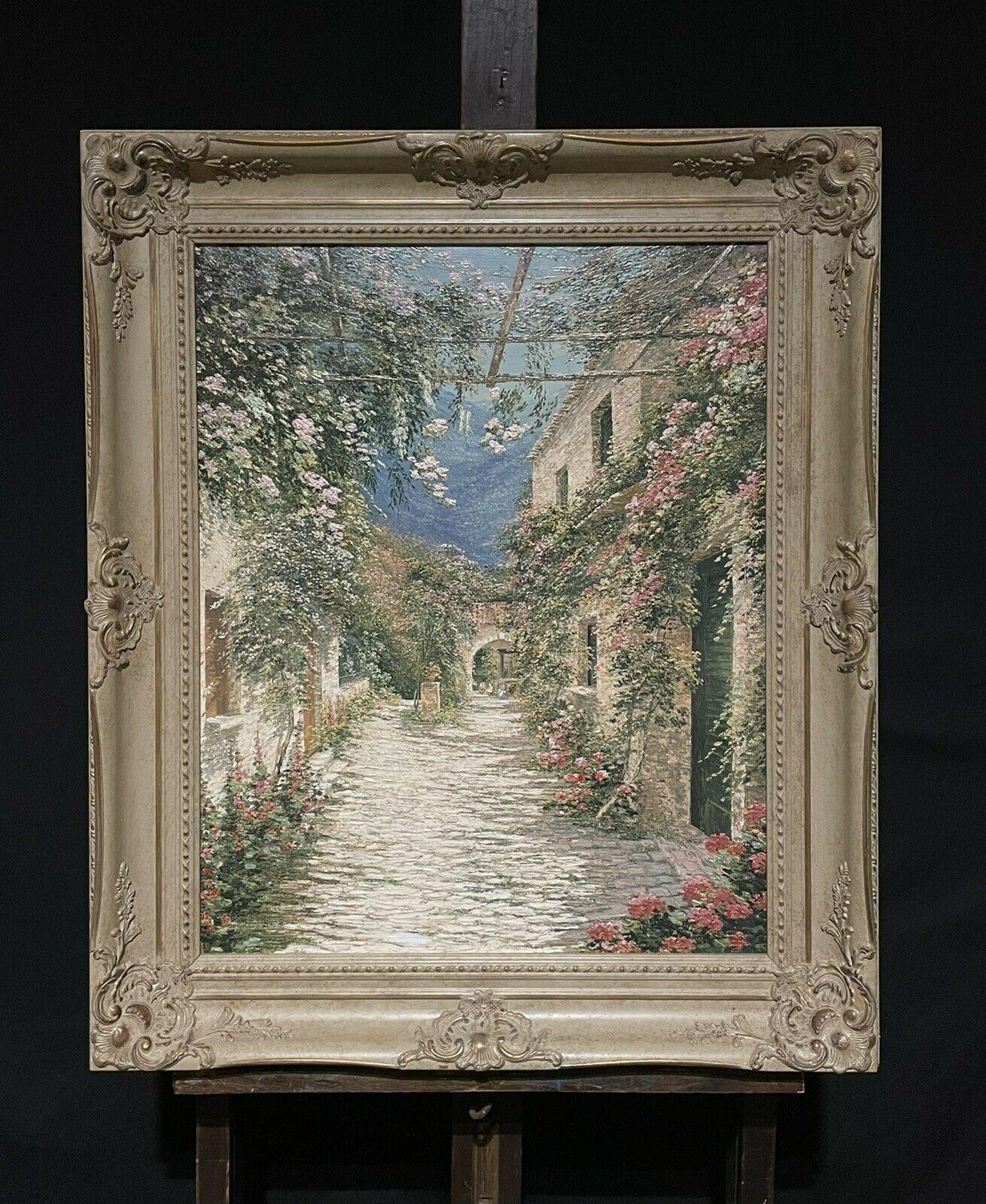 Beautiful French Impressionist Oil Garden Terrace with Flowers, large canvas - Painting by French School