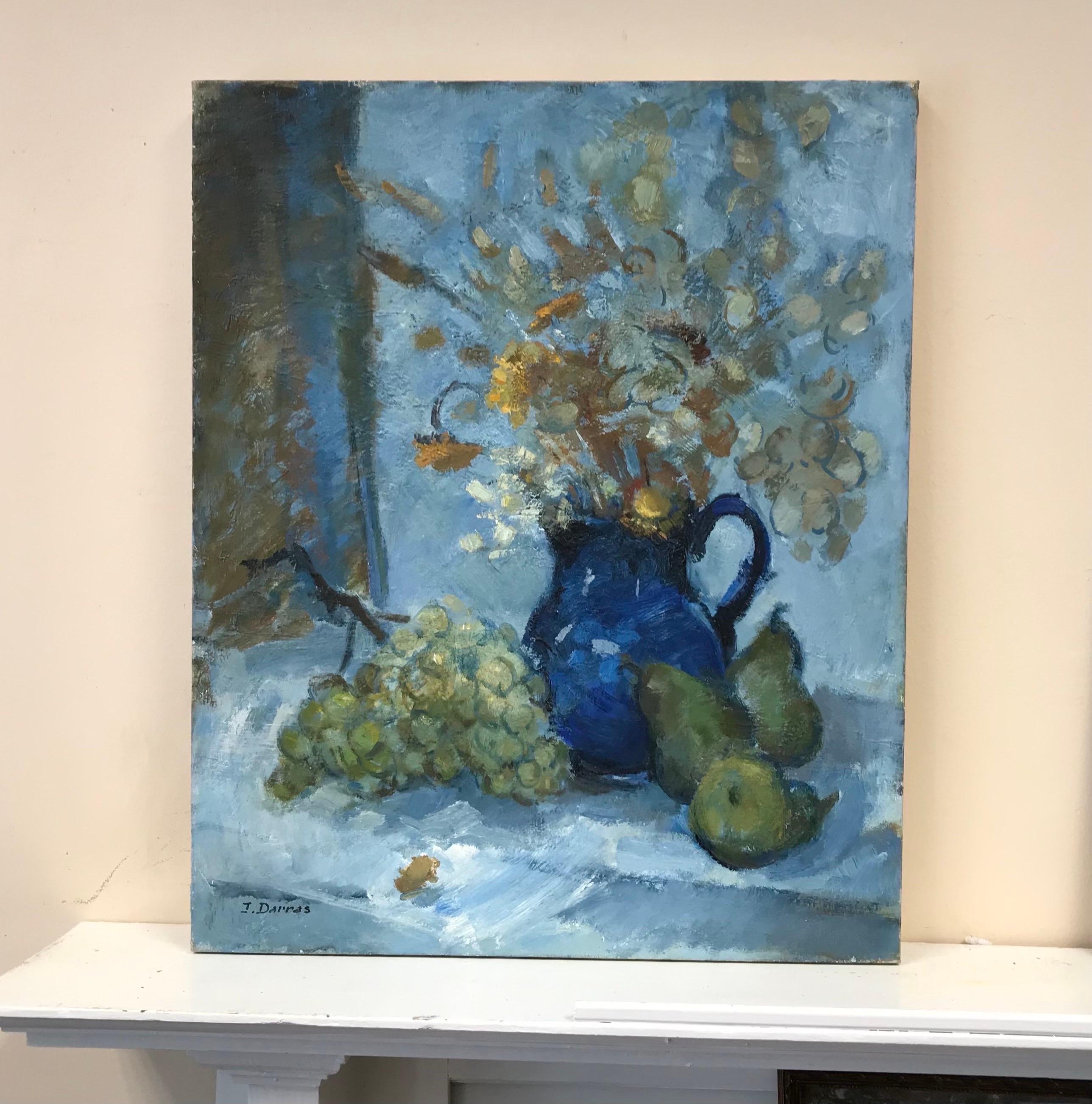 Beautiful French Impressionist Still Life Rich & Deep Blue Teal Green Colors - Painting by French School