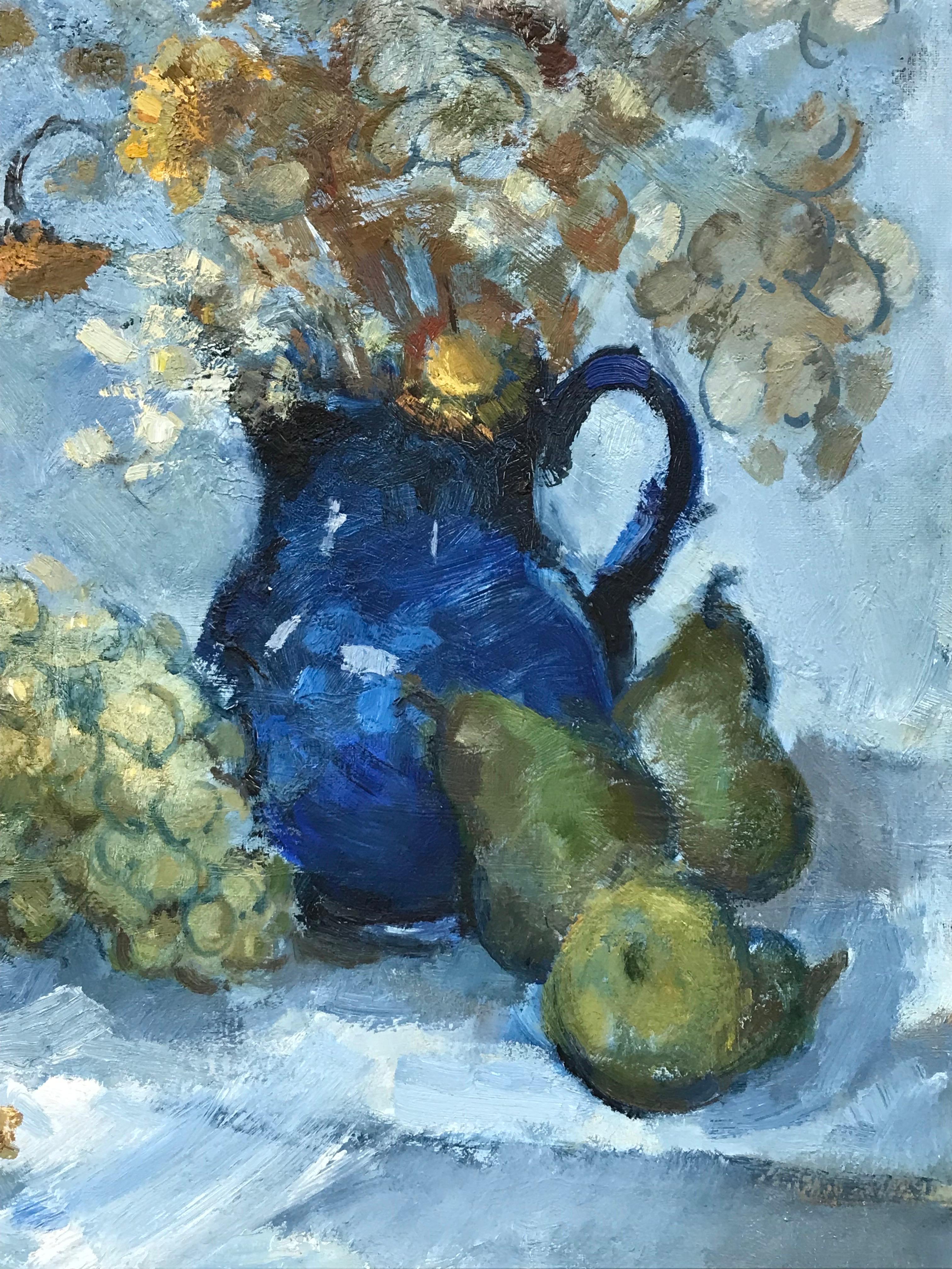 Artist/ School: French School, 20th century, indistinctly signed

Title: Interior Scene still life, flowers and fruit

Medium: oil painting on canvas, unframed

Size:

canvas:   24 x 19.5 inches

Provenance: private collection, France

Condition: