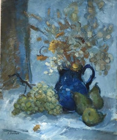 Beautiful French Impressionist Still Life Rich & Deep Blue Teal Green Colors