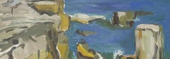 Contemporary French Modernist Signed Oil, Blue Coastal Scene seascape