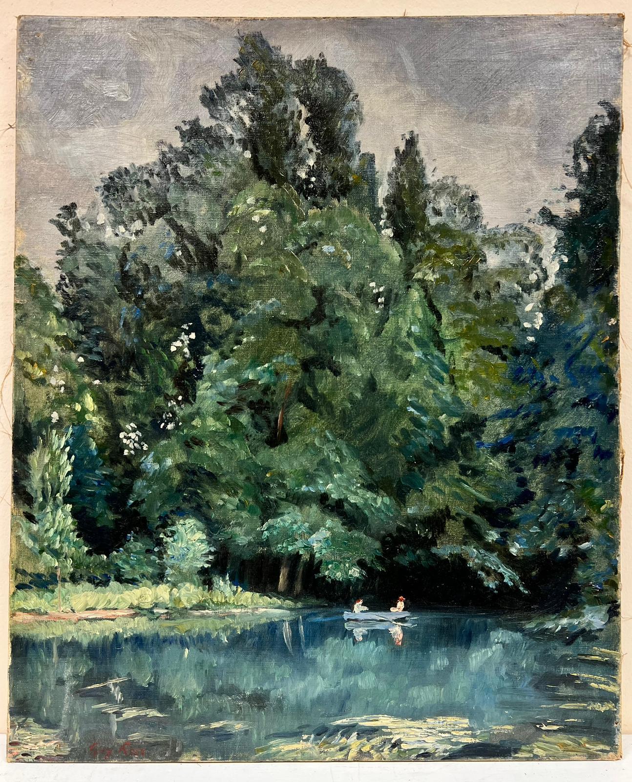 Early 1900's French Impressionist Signed Oil Couple in Green Lake Landscape - Painting by French School