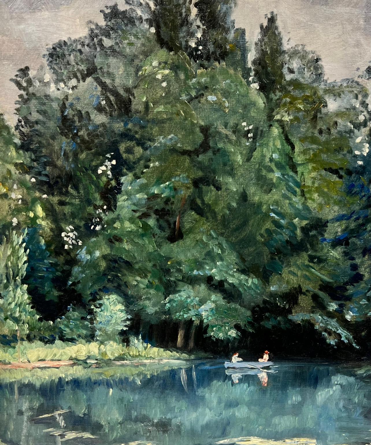 Artist/ School: French School early 20th century, signed 'Guy Rose' to the lower left corner. 

Title: Couple in a rowing boat on a lake within a landscape; very atnmospheric work with sludgy green moody and atmospheric colors to it. 

Medium: oil