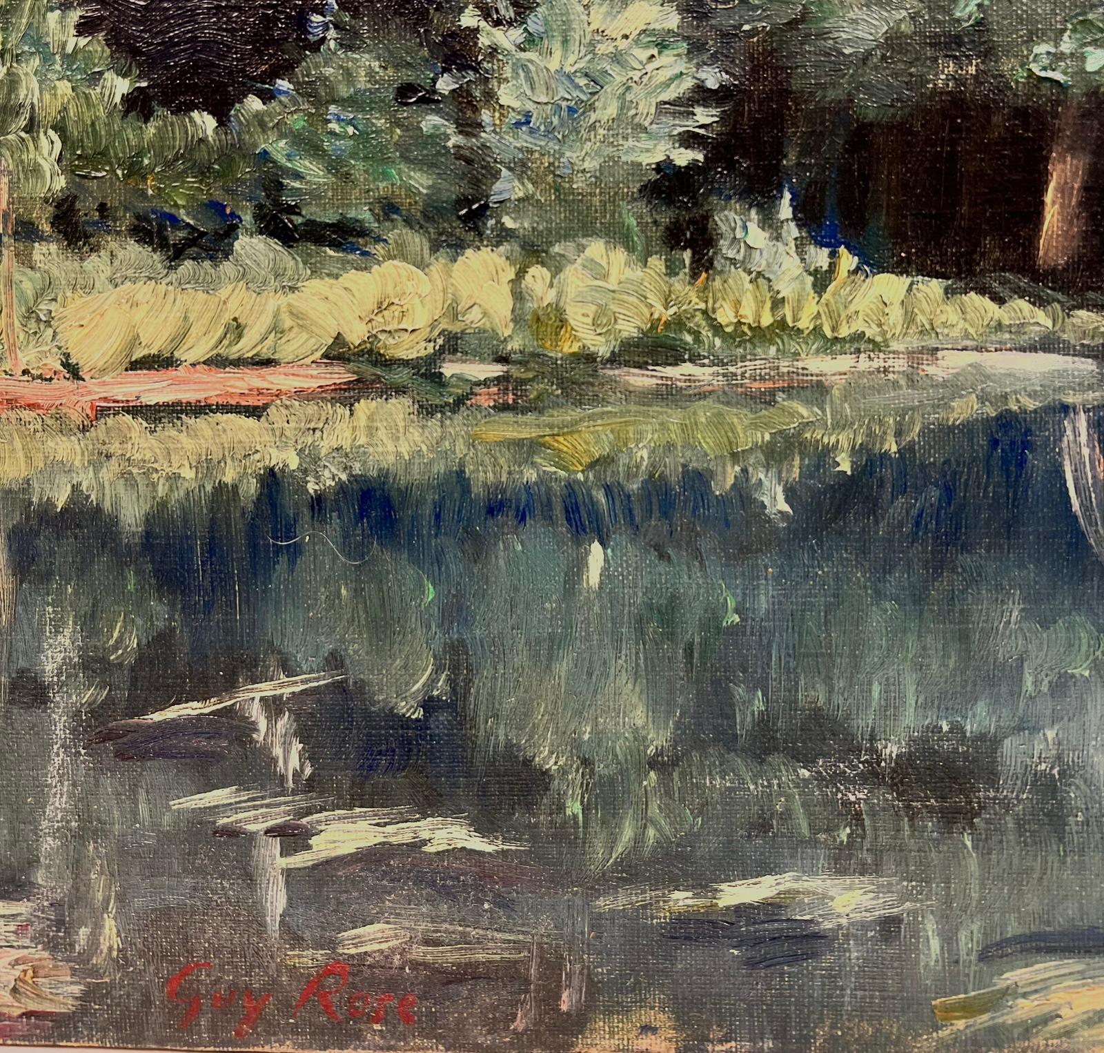Early 1900's French Impressionist Signed Oil Couple in Green Lake Landscape For Sale 2