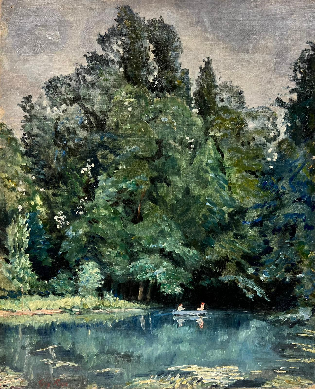 French School Figurative Painting - Early 1900's French Impressionist Signed Oil Couple in Green Lake Landscape