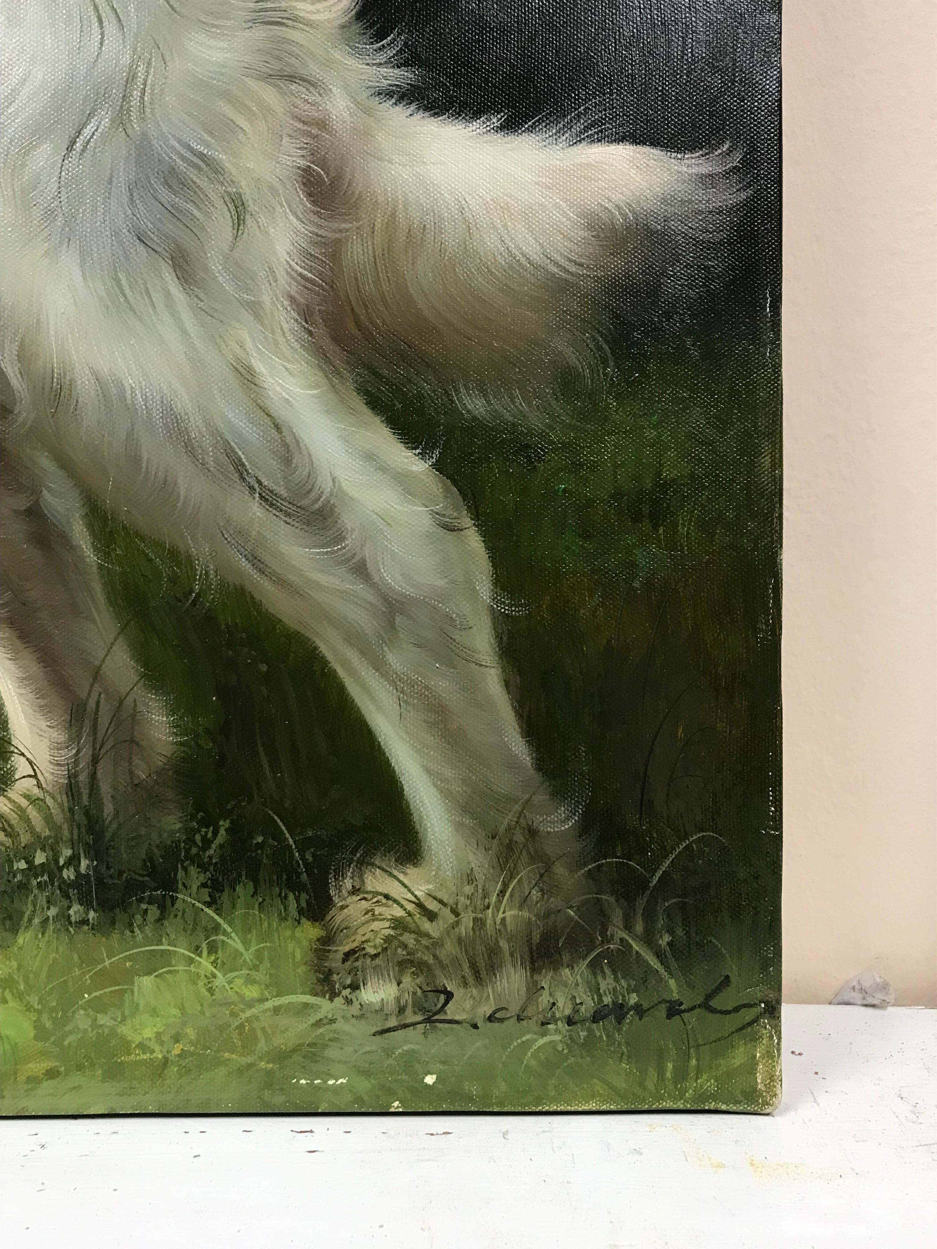 Portrait d'un maître soudeur d'un chien debout dans un paysage, œuvre de l'école française - Noir Landscape Painting par French School
