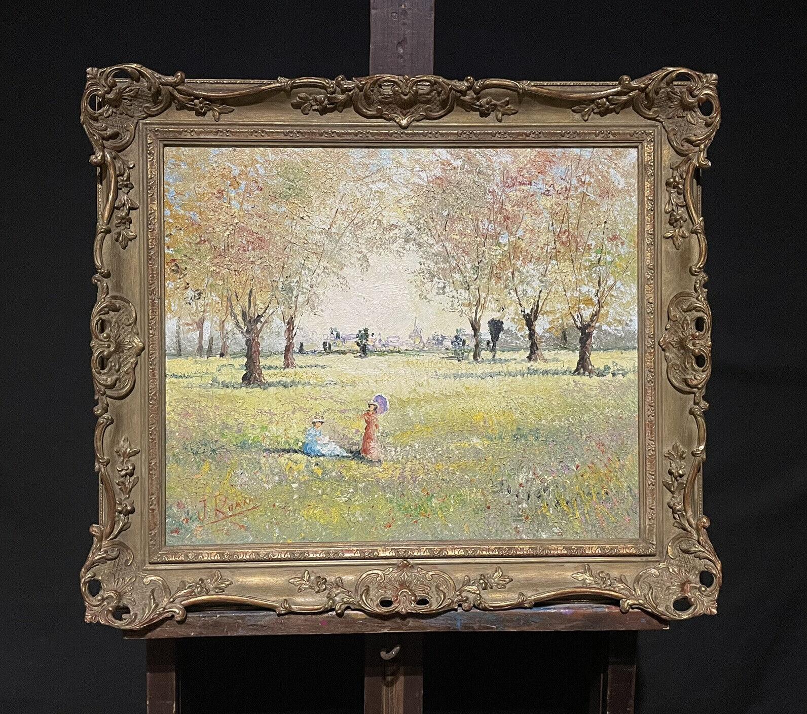 Fine French Impressionist Signed Oil Elegant Ladies with Parasols in Meadows - Painting by French School