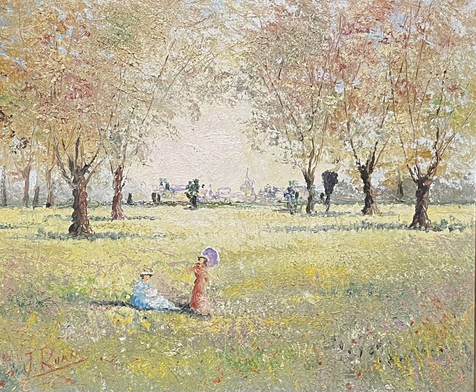 French School Figurative Painting - Fine French Impressionist Signed Oil Elegant Ladies with Parasols in Meadows