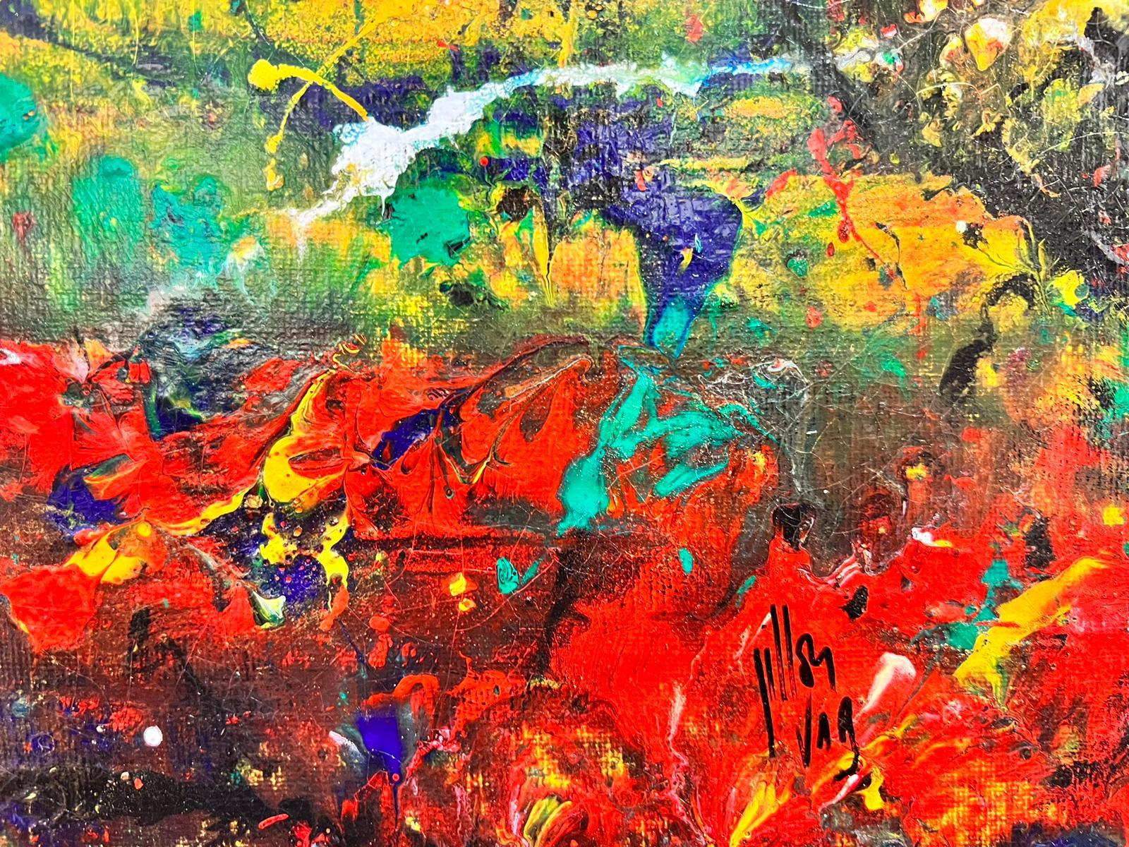 Artist/ School: French 21st century, signed lower right corner and with the location of the Var region in southern France. 

Title: splash abstract drip painting

Medium: acrylic on canvas, unframed

Size : 12 x 23.5 inches

Colors: Primary colors,