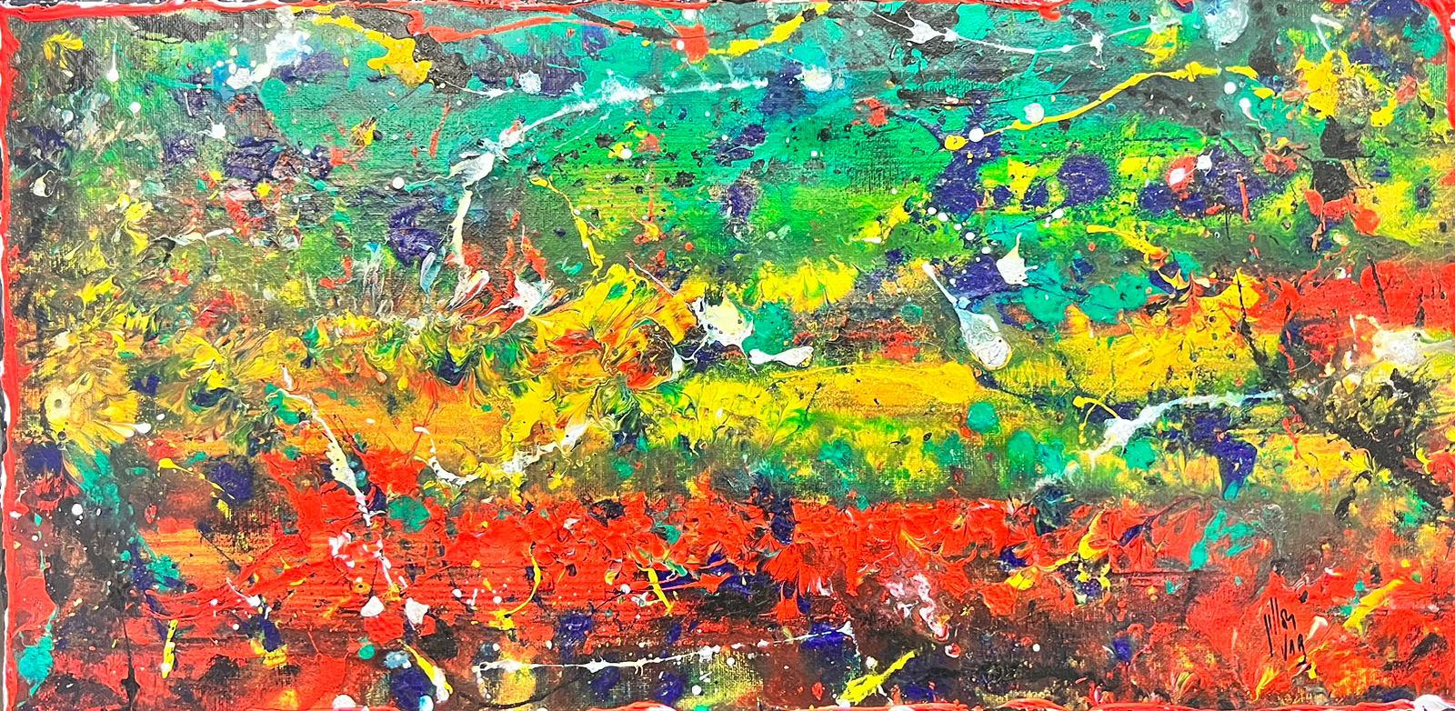French Contemporary Abstract Splash Drip Painting Explosion of Colors, signed