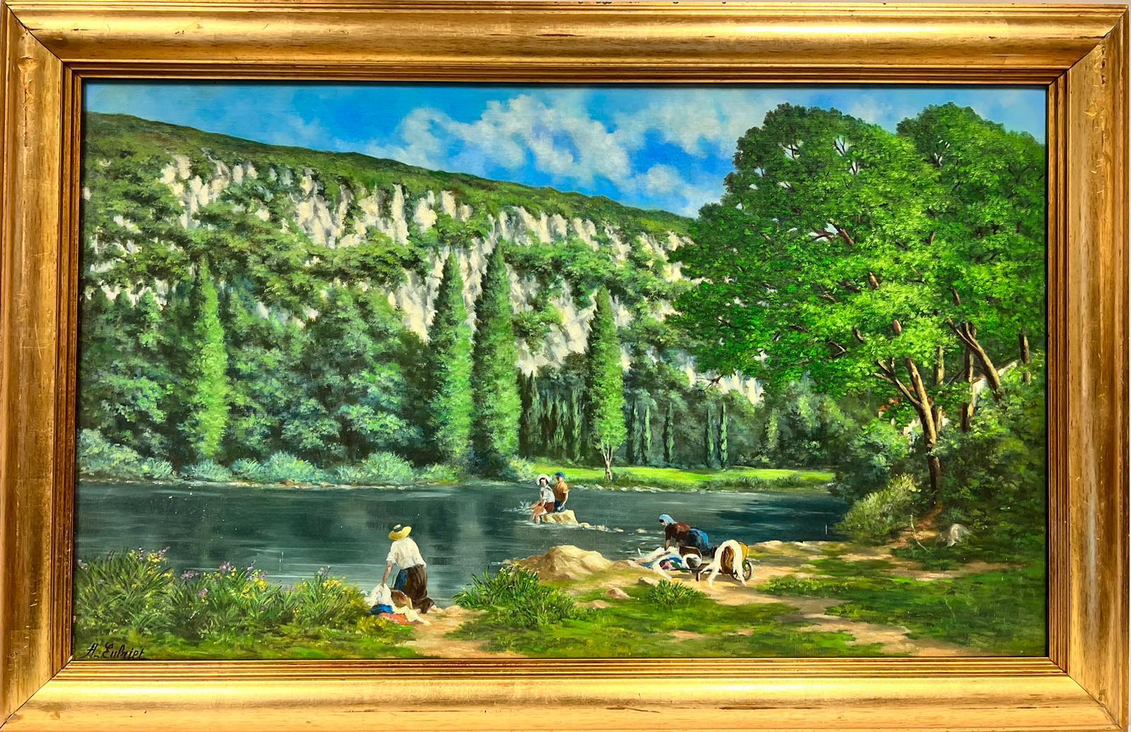 Huge 1950's French Signed Oil Figures Bathing in Large River Green Landscape - Painting by French School