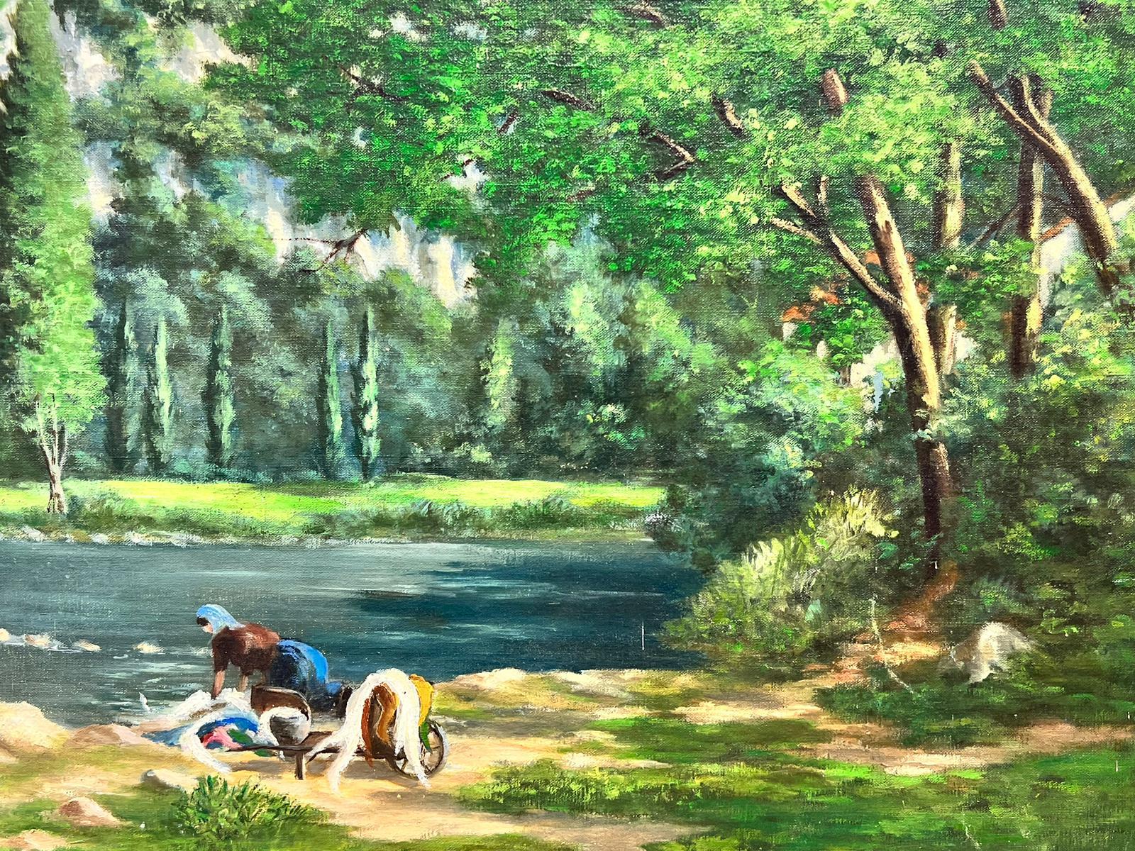 Groe franzsische signierte lfiguren, die in einer groen Flussgrnen Landschaft baden, 1950er Jahre (Grün), Figurative Painting, von French School