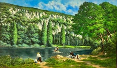 Vintage Huge 1950's French Signed Oil Figures Bathing in Large River Green Landscape