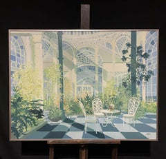 Huge 1970er Jahre signierte Öl Innenraum-Garten- Conservatory-Pflanzgefäße und Einrichtungsgegenstände