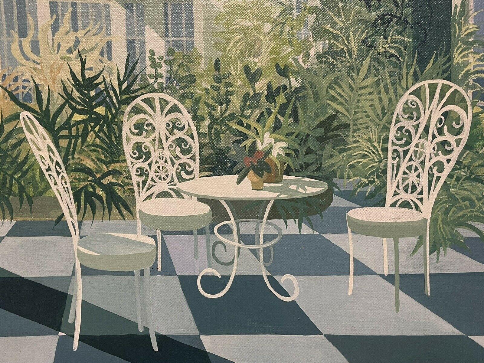 Huge 1970's Signed Oil Interior Room Garden Conservatory Plants & Furnishings - Modern Painting by Unknown