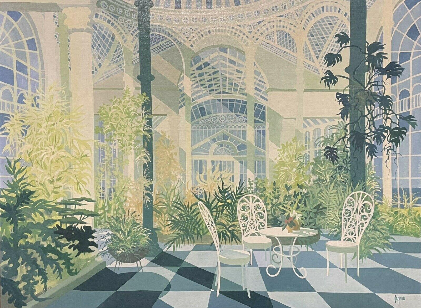 Huge 1970's Signed Oil Interior Room Garden Conservatory Plants & Furnishings