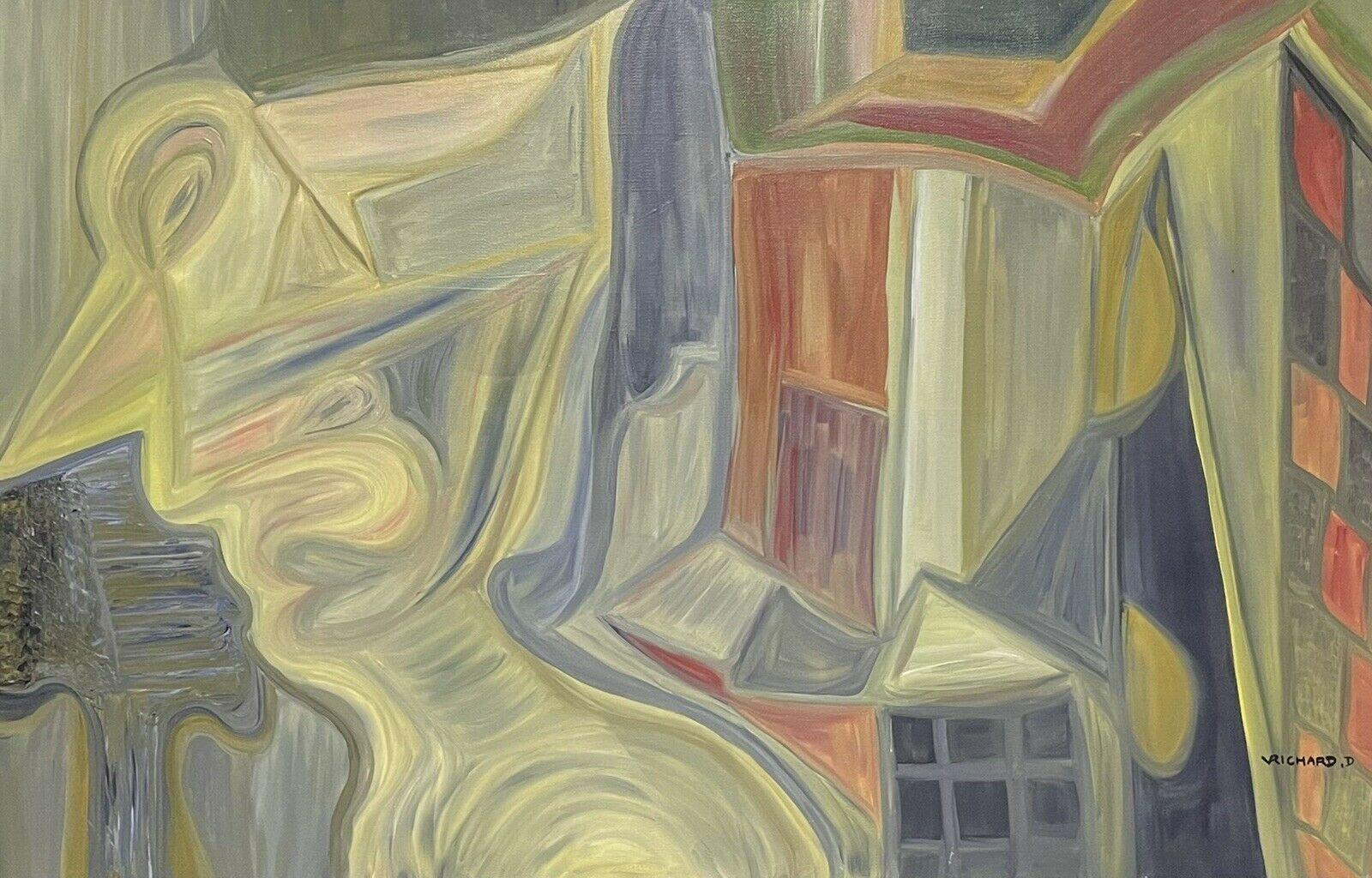 Portrait Painting di French School - Enorme dipinto ad olio originale astratto figurativo francese degli anni '80, firmato
