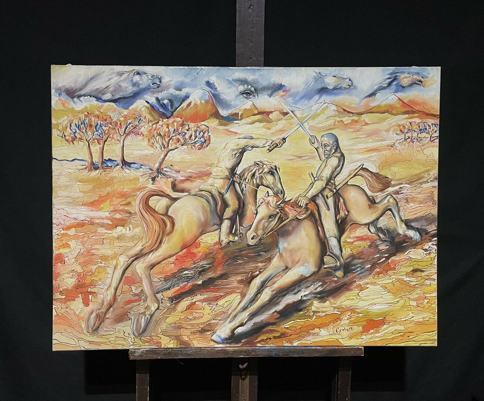 Grande peinture à l'huile surréaliste française du 20ème siècle représentant des chevaliers lors d'une bataille d'épée à cheval, France - Painting de French School