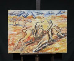 Huge French 20th Century Surrealist Oil Painting Knights on Horseback Swordfight