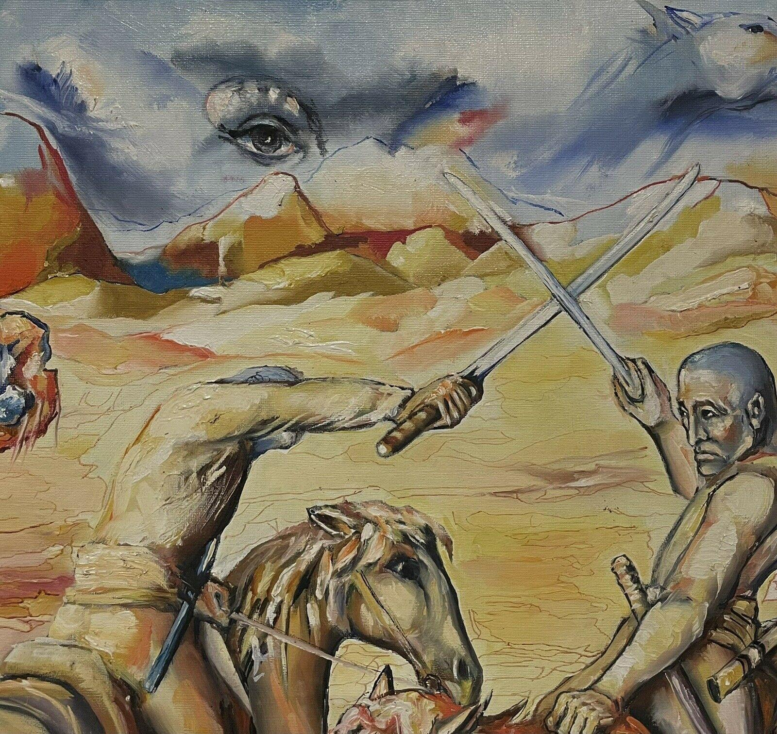 Grande peinture à l'huile surréaliste française du 20ème siècle représentant des chevaliers lors d'une bataille d'épée à cheval, France - Surréalisme Painting par French School