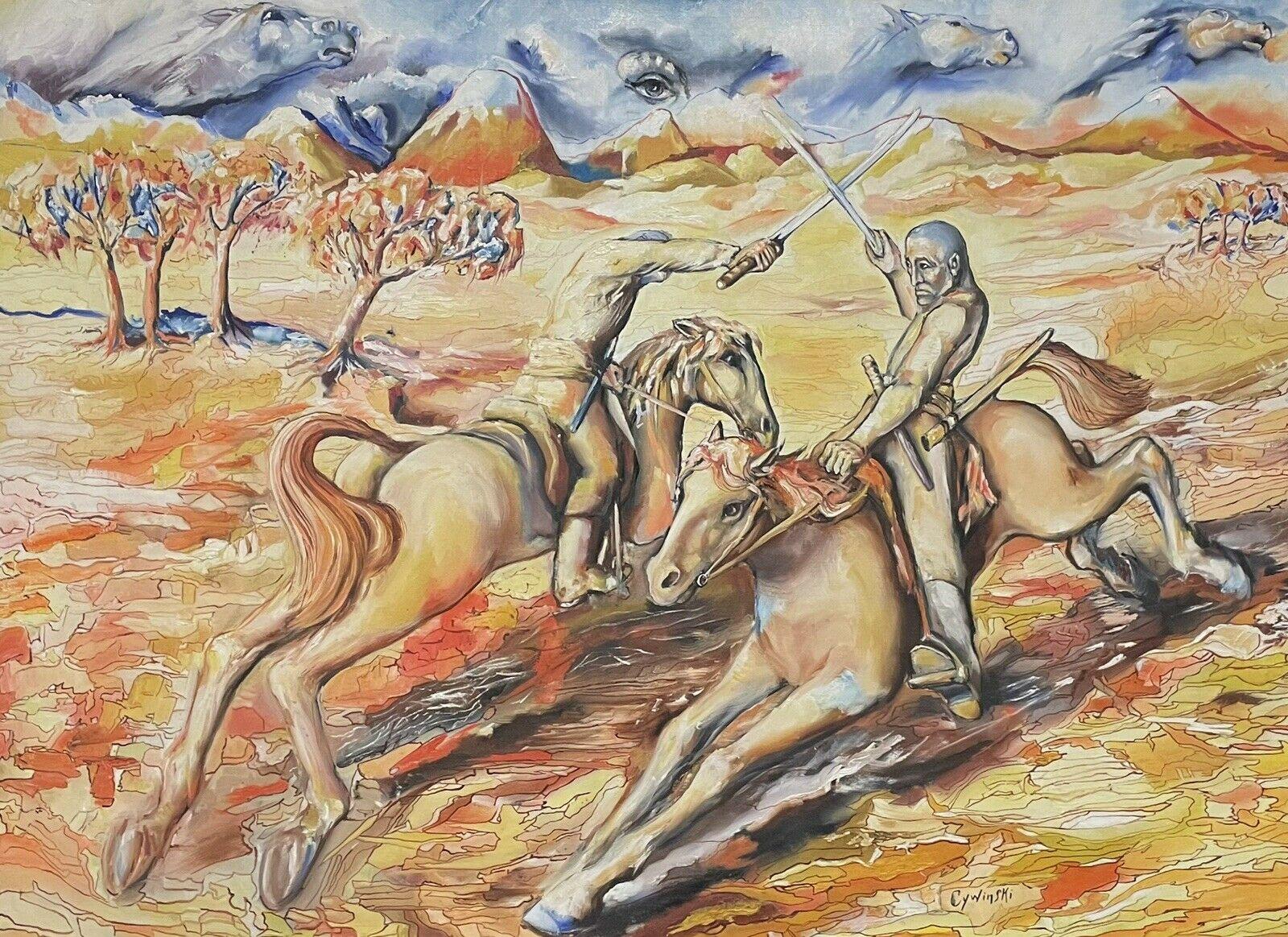 Figurative Painting French School - Grande peinture à l'huile surréaliste française du 20ème siècle représentant des chevaliers lors d'une bataille d'épée à cheval, France